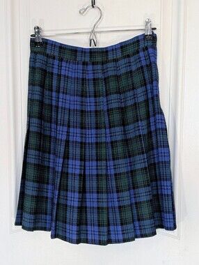 Blue and Green Plaid Pleated Skirt — Classic Circle Skater Style Side Zipper
